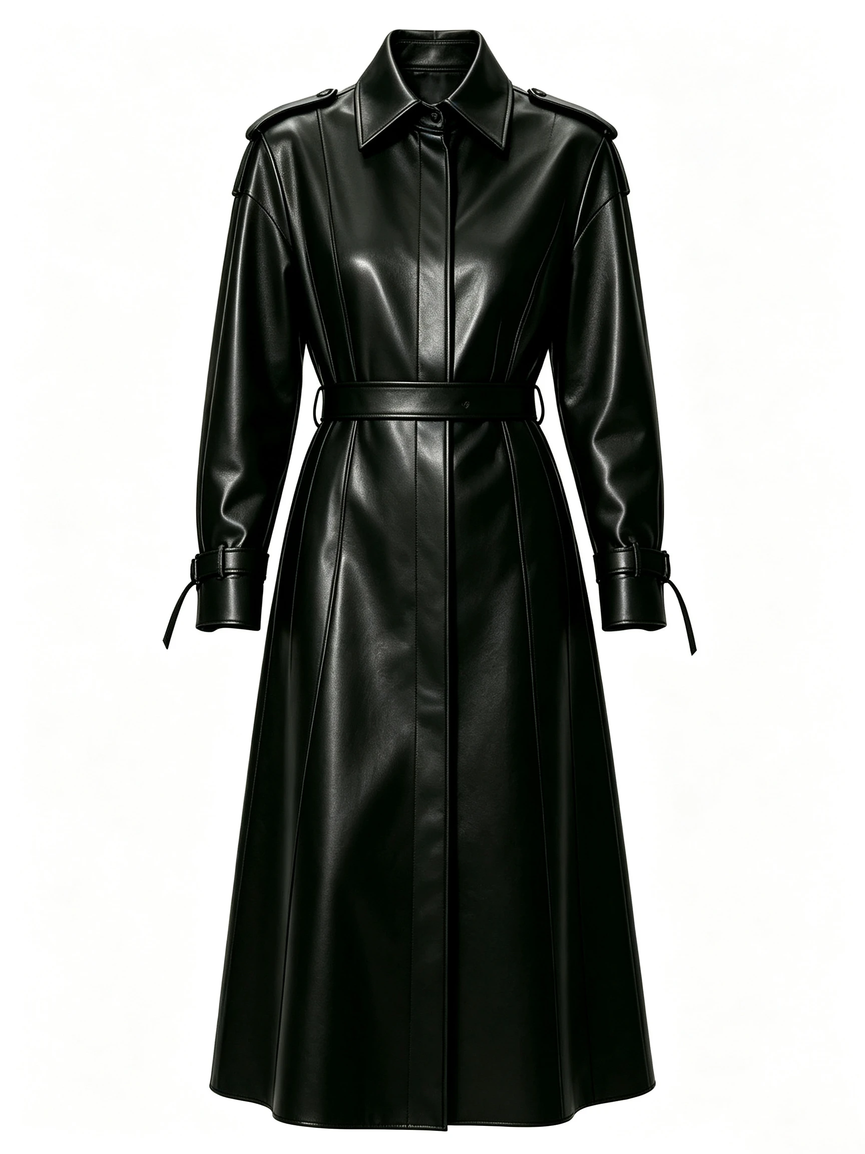 Women's Faux Leather Trench Coat with Zip Front and Belted Waist