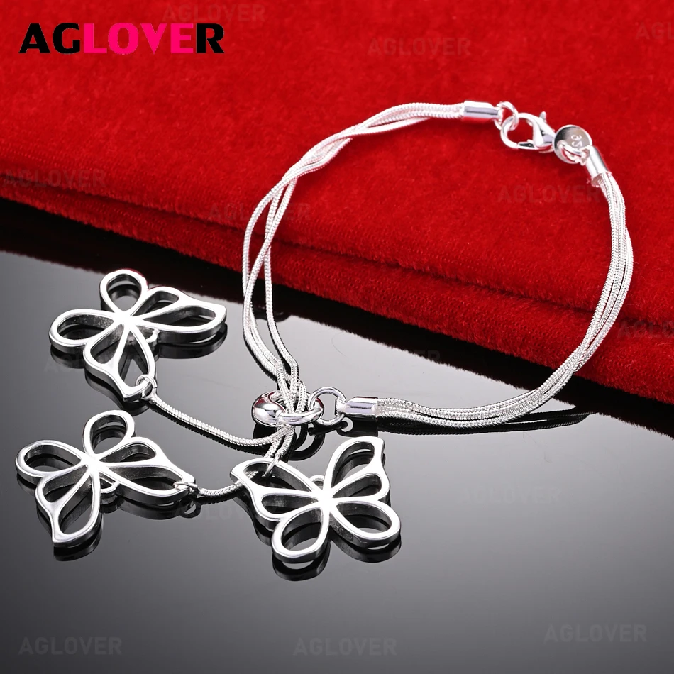 

AGLOVER 925 Sterling Silver Three Butterfly Pendant Snake Chain Bracelet Women Fashion Charm Party Wedding Jewelry