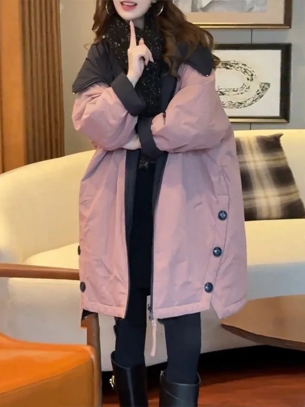 

Faionable Cotton Jaet Large Size Women's Slimming Outerwear Lotus Pink Color Trendy Sle Commute Loose Fit Long Sve