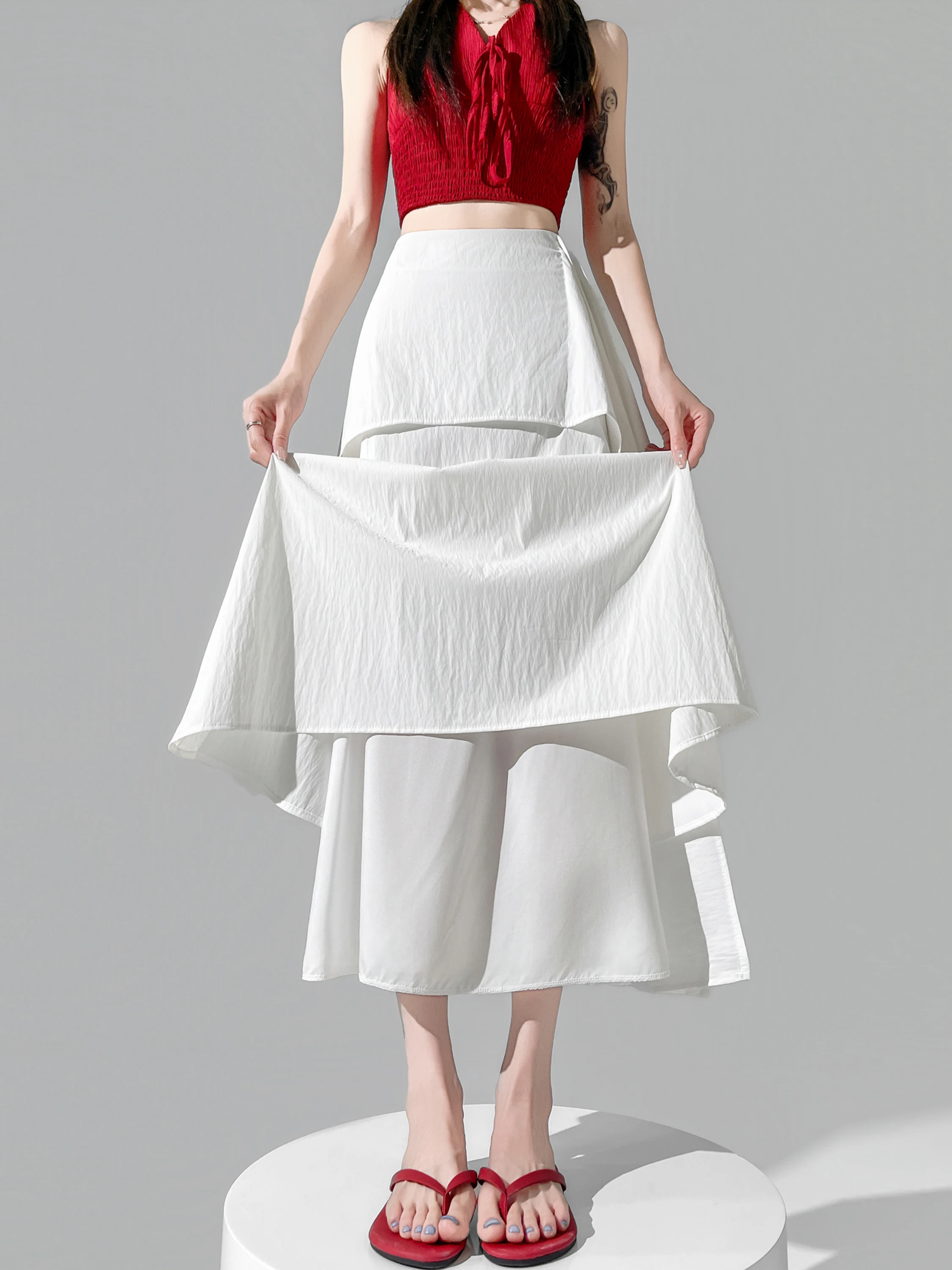 

White A-Line Midi Skirt Women's Summer Slimming Design Casual Sensation Half-length Gored Skirt Commute High Waist Polyester ...