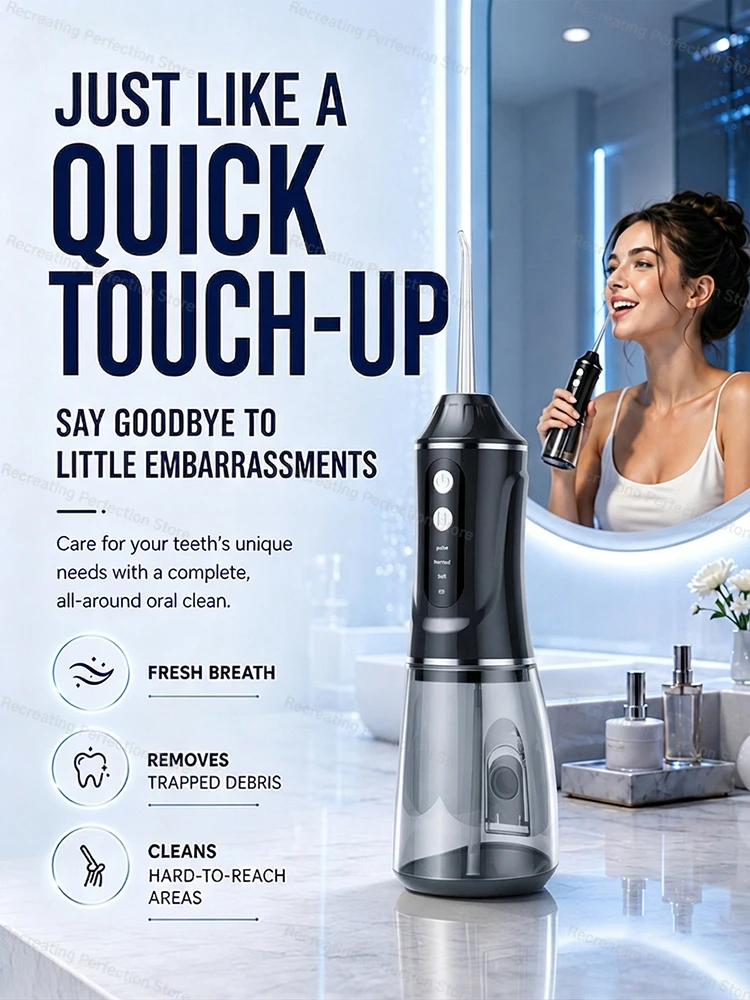 Upgraded Oral Irrigator Portable Electric Water Flosser Dental 380ml Type-C Charge 3 Modes For Teeth/Gum Cleaning 4 Nozzles