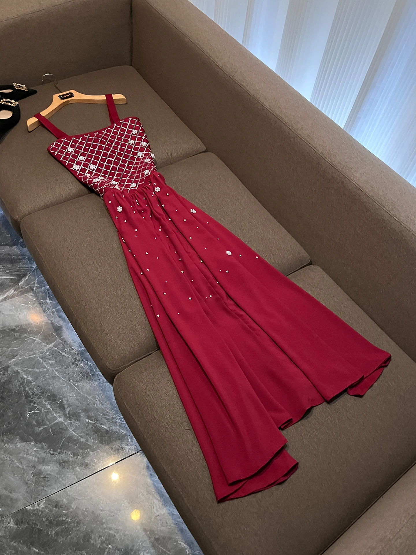 

Heavy Embellished Beaded Dress Women's Wine Red Slim Fit Long Dress Luxury Evening Gown Polyester Fiber Embroidered No Stretch