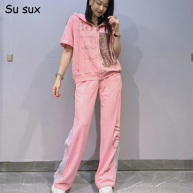 

Повседневный комплект из двух предметов: футболка с капюшоном на молнии и коротким рукавом, и длинные брюки. Женский летний костюм 2026 года, обхват груди 114 см, в стиле Y2K, уличная одежда.