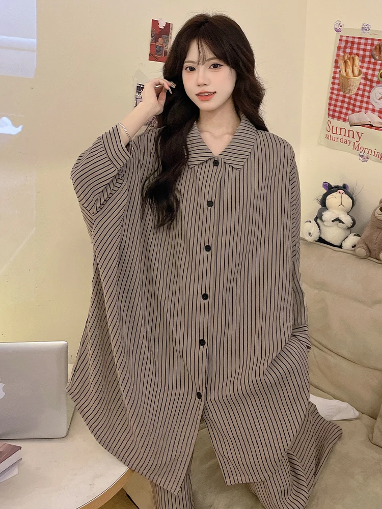 DAIMELU spring and autumn pajamas set women nightgown long-sleeved striped cloud cotton high-end sleepwear lady loungewear suit