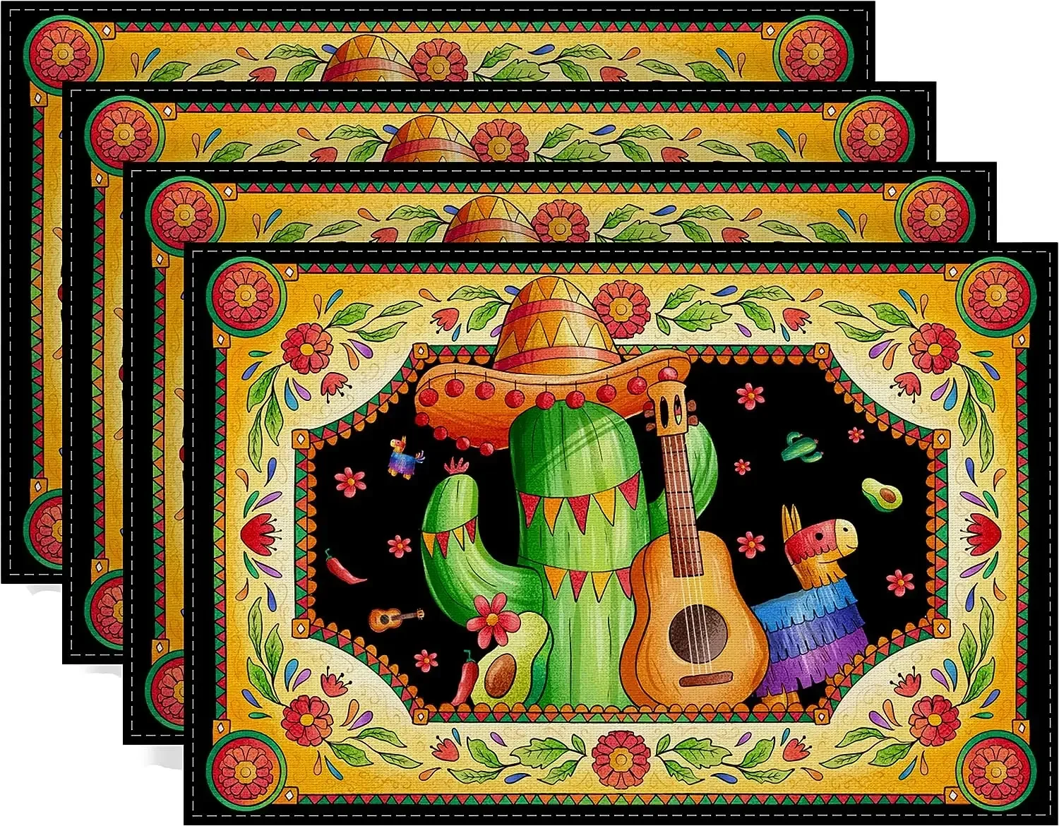 Linen Cinco De Mayo Placemats Set of 4 Mexican Table Mats Cactus Decorations Mexican 5 De Mayo Fiesta Party Decorations 12x18in