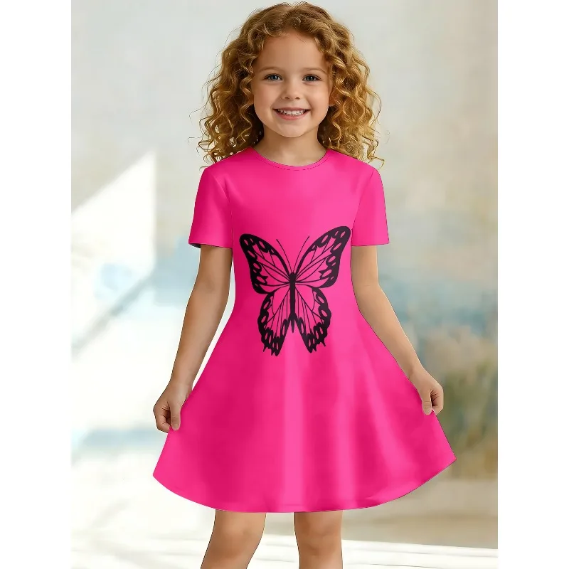 Girl's Hot Pink Butterfly Print Dress Short Sleeved Casual A-line Children's Swing Dress Suitable for Birthdays and Parties