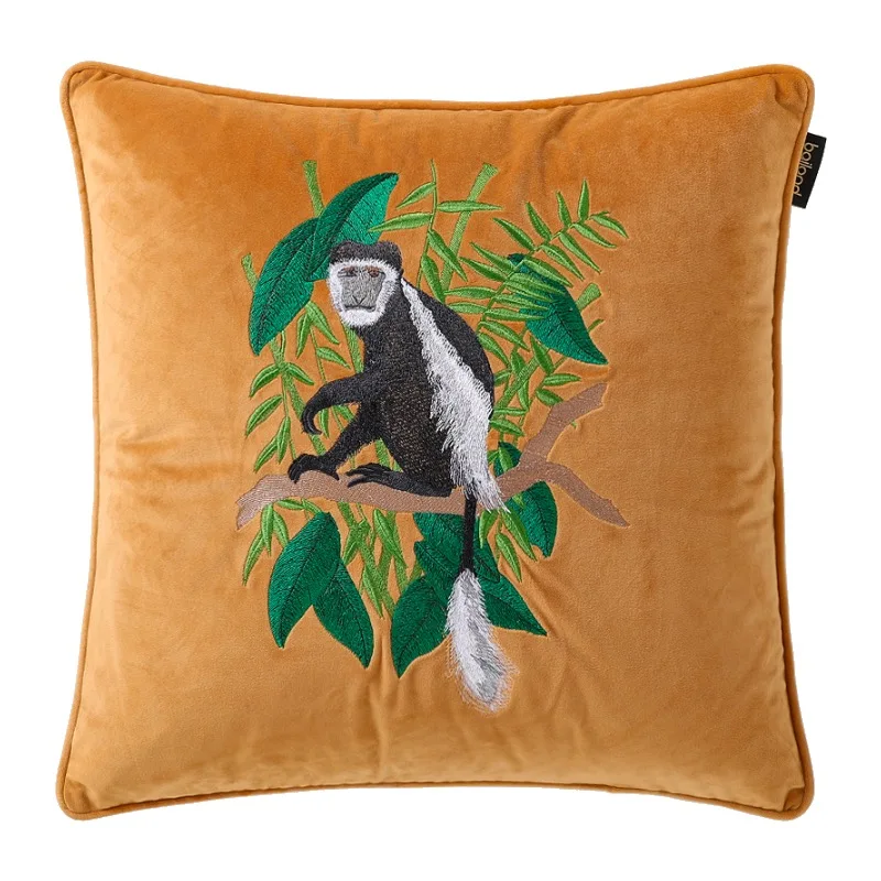 Monkey Pillows Velvet Embroidery Cushion Case Orange Gray Decorative Pillow Cover For Sofa Chair Luxury Living Room Home Decor