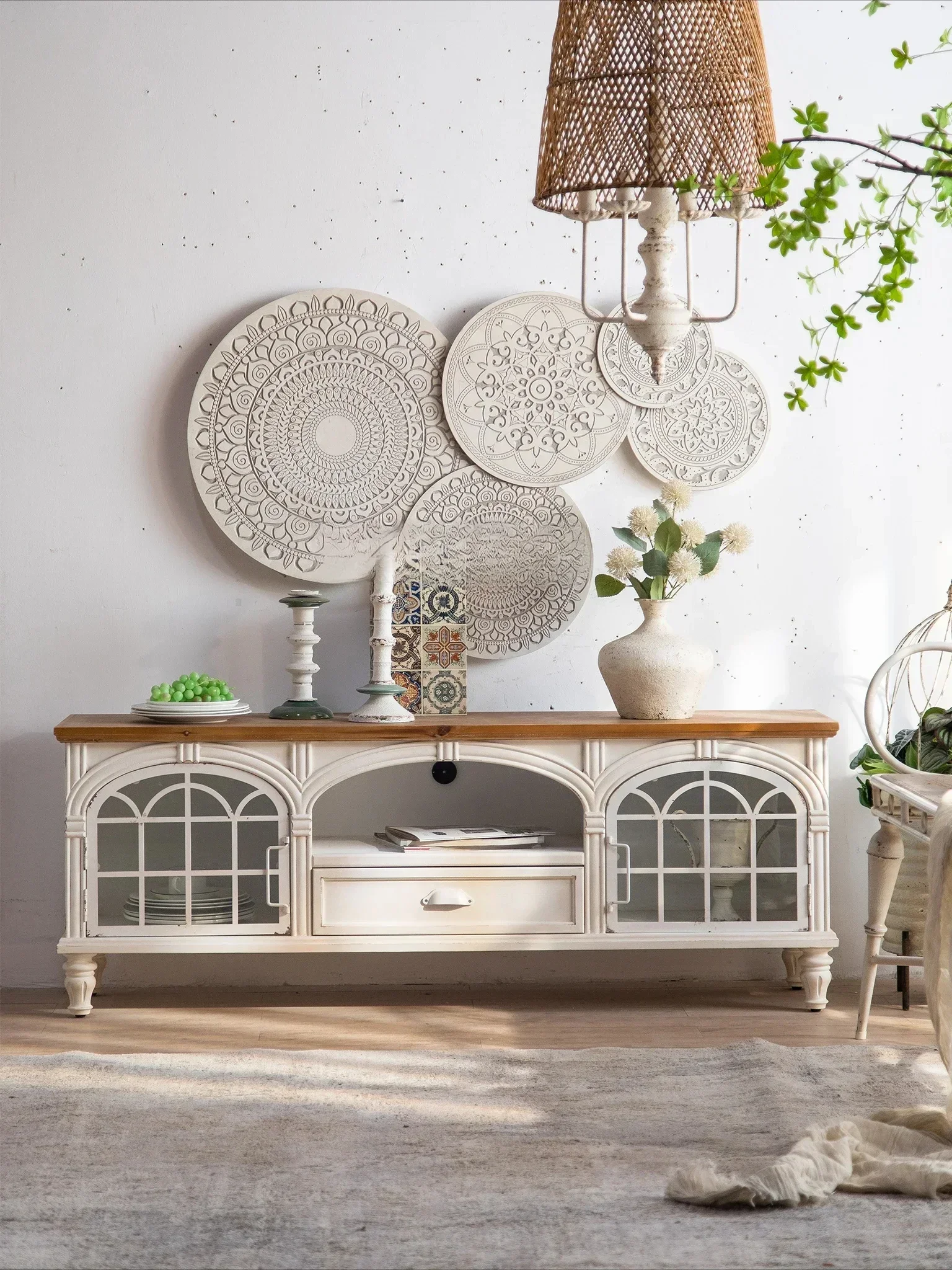 الفرنسية الرجعية خزانة التلفزيون الخشب الصلب الشمال النمط الرعوي غرفة المعيشة الأبيض خزانة حديدية خزانة #2