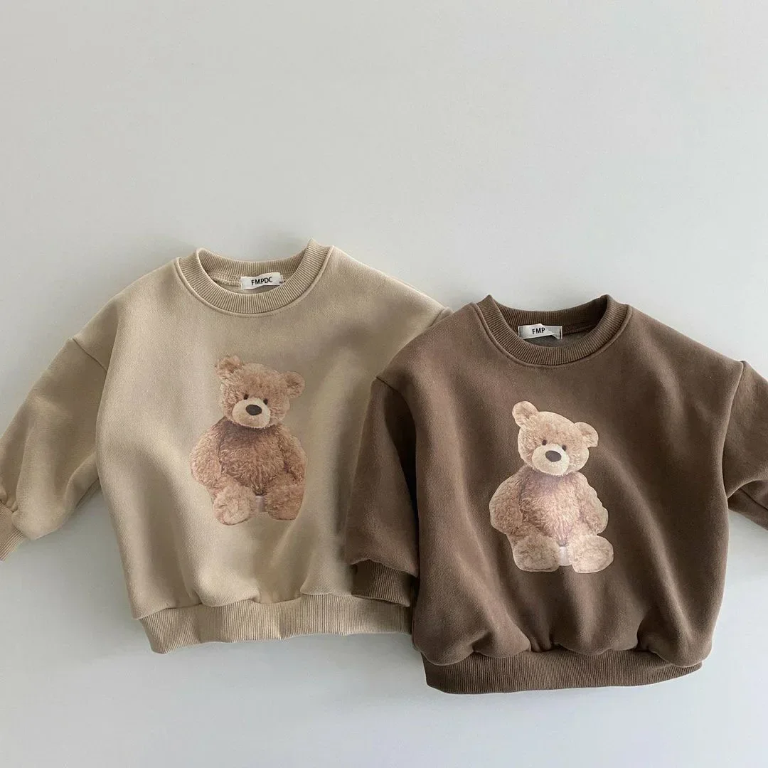 

Baby Hoodies Cartoon Bear Tops Spring 2024 Korean Head Cute Embroidered Boys Sweatershirt Round Neck Girls Pullover Clothes