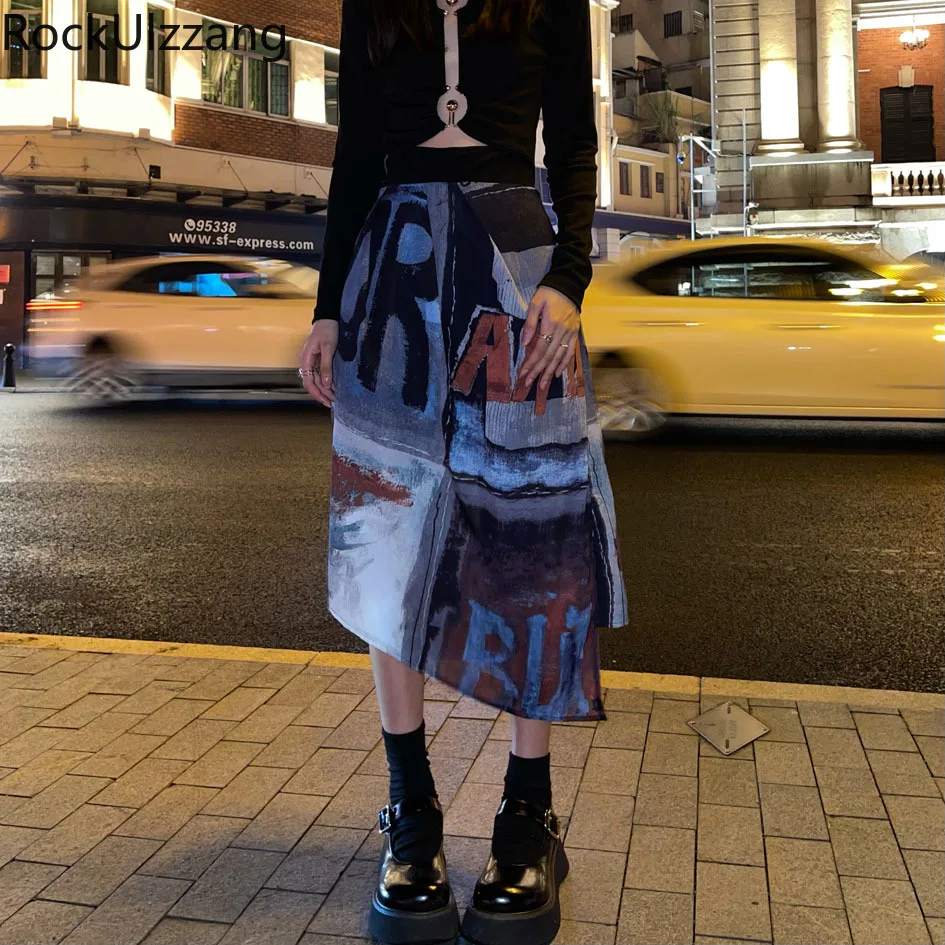 Asymmetric irregular Punk Graffiti Printed Split Midi Long Skirt Harajuku Sexy Gothic Women Japanese Street Hippie y2k Skirts