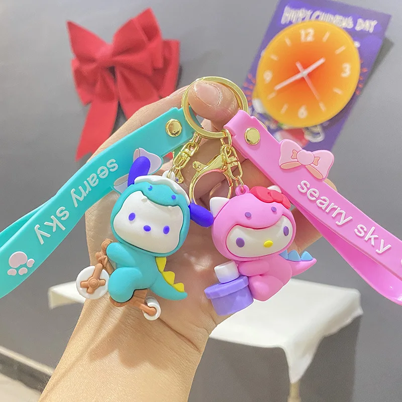 Sanrio Cute Dinosaur Series Keychain Kuromi Cinnamoroll Keyrings for Women Girls Accessories