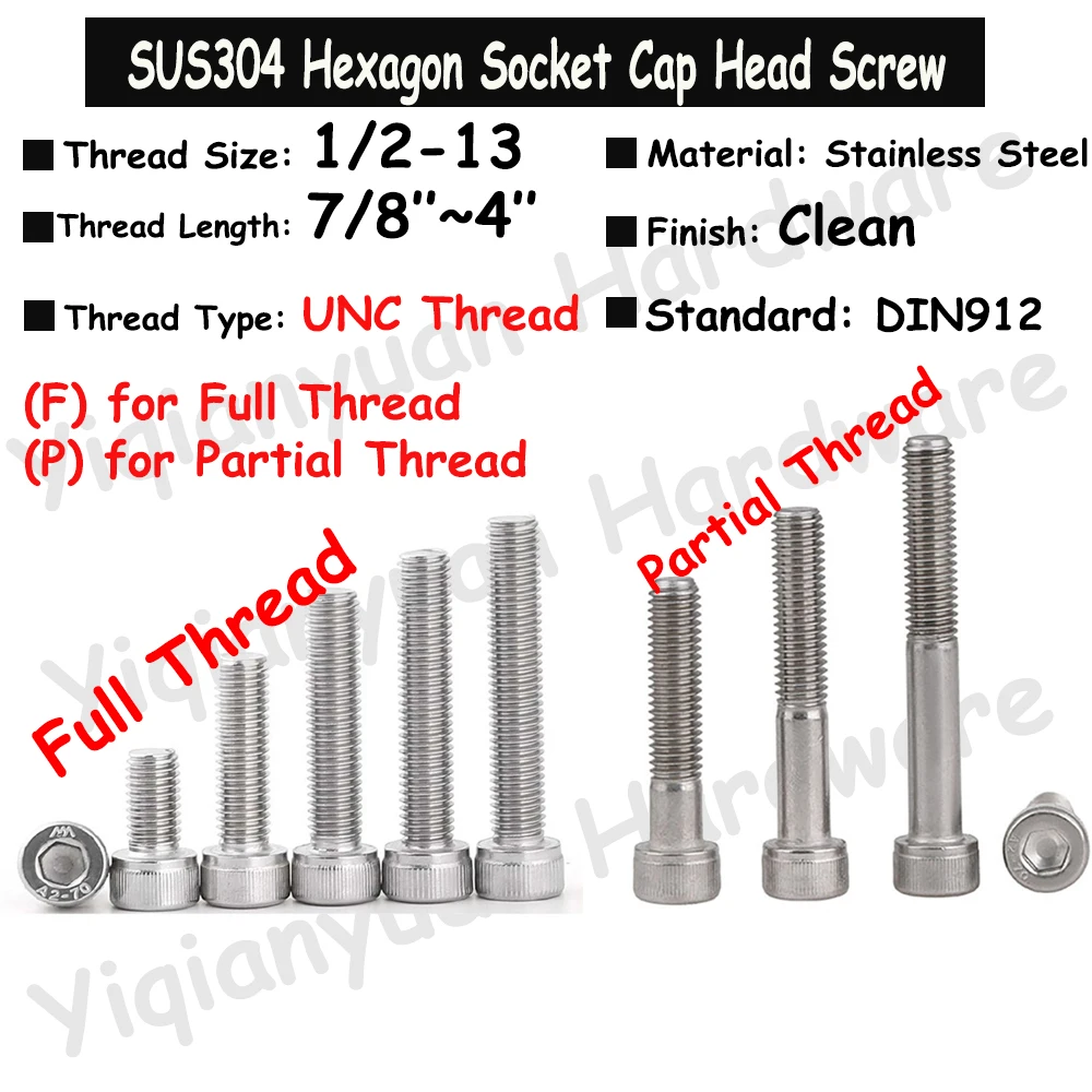 

1Piece~2Pcs 1/2-13 UNC DIN912 SUS304 Stainless Steel Hexagon Socket Knurled Cap Head Screws Allen Bolts Full/Partial Threaded