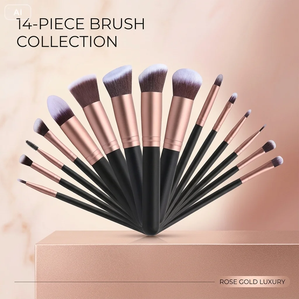 Ensemble de 14 pinceaux de maquillage et kit comprenant des pinceaux pour poudre, fond de teint, anticernes, rouge à lèvres, blush, bronzer, fard à paupières, eye-liner, illuminateur