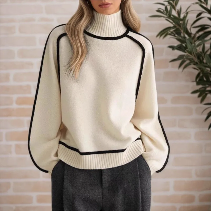 

Solid Color Autumn Winter Semi High Neck Sweater With Three-dimensional Stripes For Slimming Casual Loose Fit Pullover Knit