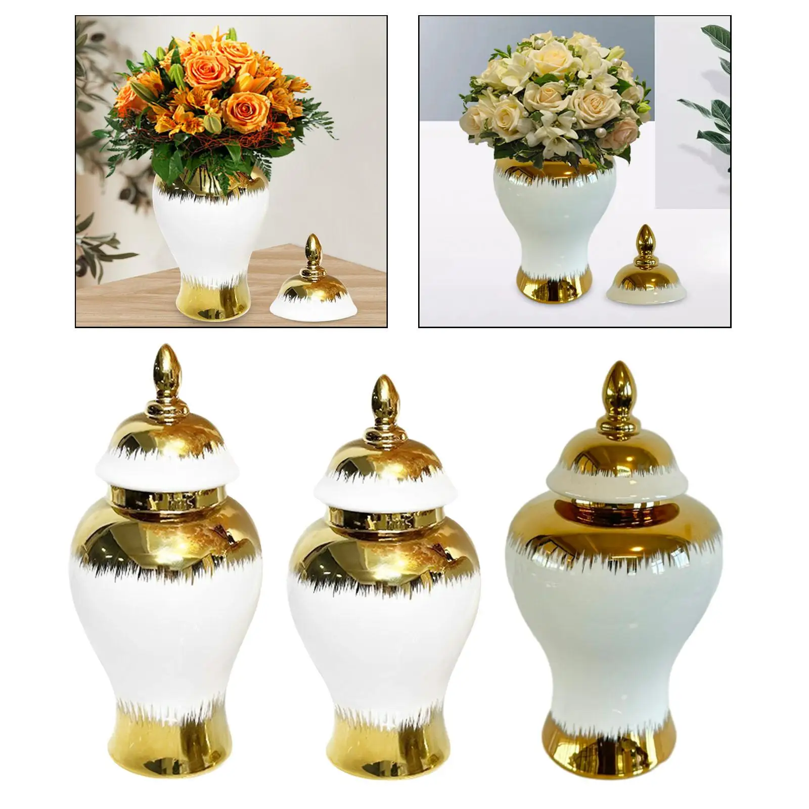 Ceramic Flower Vase Storage Jar with Lid Versatile White and Gold Color