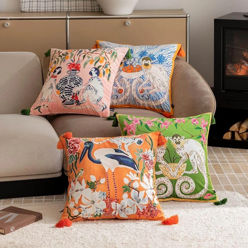 

Bohemian Jungle Crane Pillow Cover Set | Velvet Animal Print Cushion Cases with Tassels | Exotic Colorful Sofa Bedroom Decor