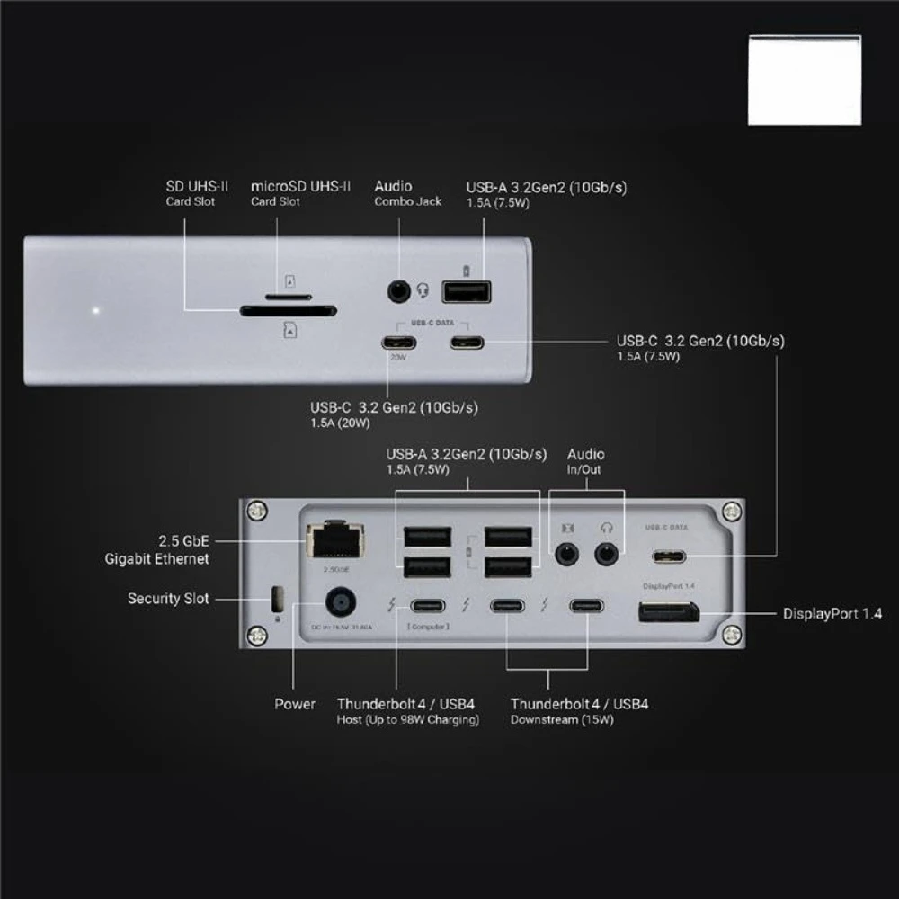 Thunderbolt 4 Dock 18 porte 98 W Ricarica 40 Gbps USB CA 2,5 GbE 8K 6K Display per Mac PC Cromo