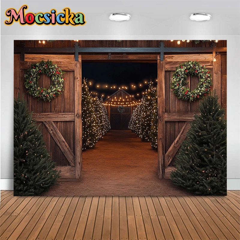 

Mocsicka Christmas Wood Doors Backdrop Photography Soft Washable Photo Background Night Lamp Tree Decoration Props Banner Studio
