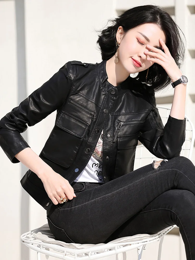 Women's Short Sheepskin Motorcycle Slim Leather Jacket, Ladies Small Coat, Spring and Autumn