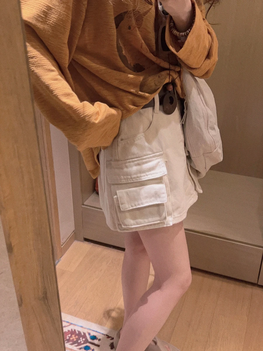 Yukiss High Waist A-Line  Skirt Straight Leg Workwear Denim Women's Summer Korean Style Loose Fit Versatile Short Skirt