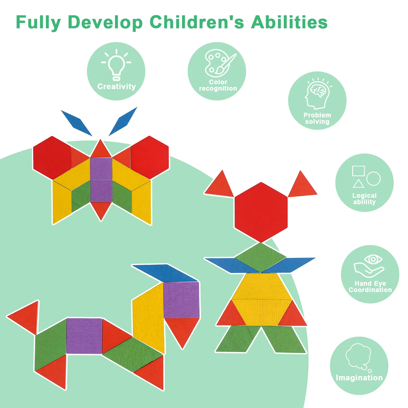 155-delige Tangram-puzzel Houten patroonblokken Heldere kleuren Educatief speelgoed Voorschoolse leeractiviteiten Geometrische vormen