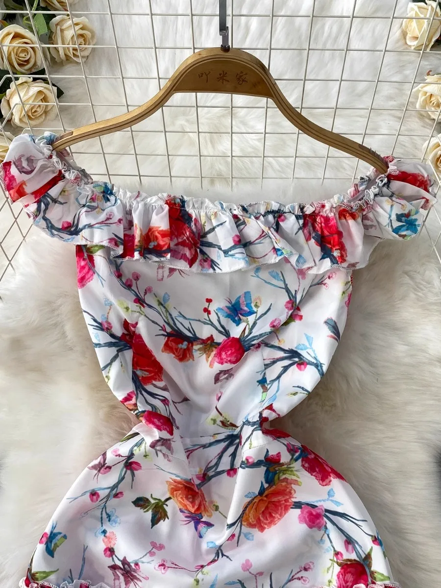 Foamlina elegante fora do ombro flor impressão maxi vestido feminino verão retro romântico cintura cinched emagrecimento plissado em camadas vestido