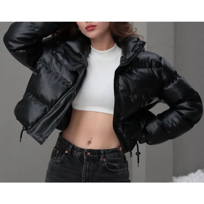 Solid Glossy Zipper Hooded Warm Coats Women 2026 Winter New Elastic Waist Pleated Short Cotton Jacket Lady High Street Outwear