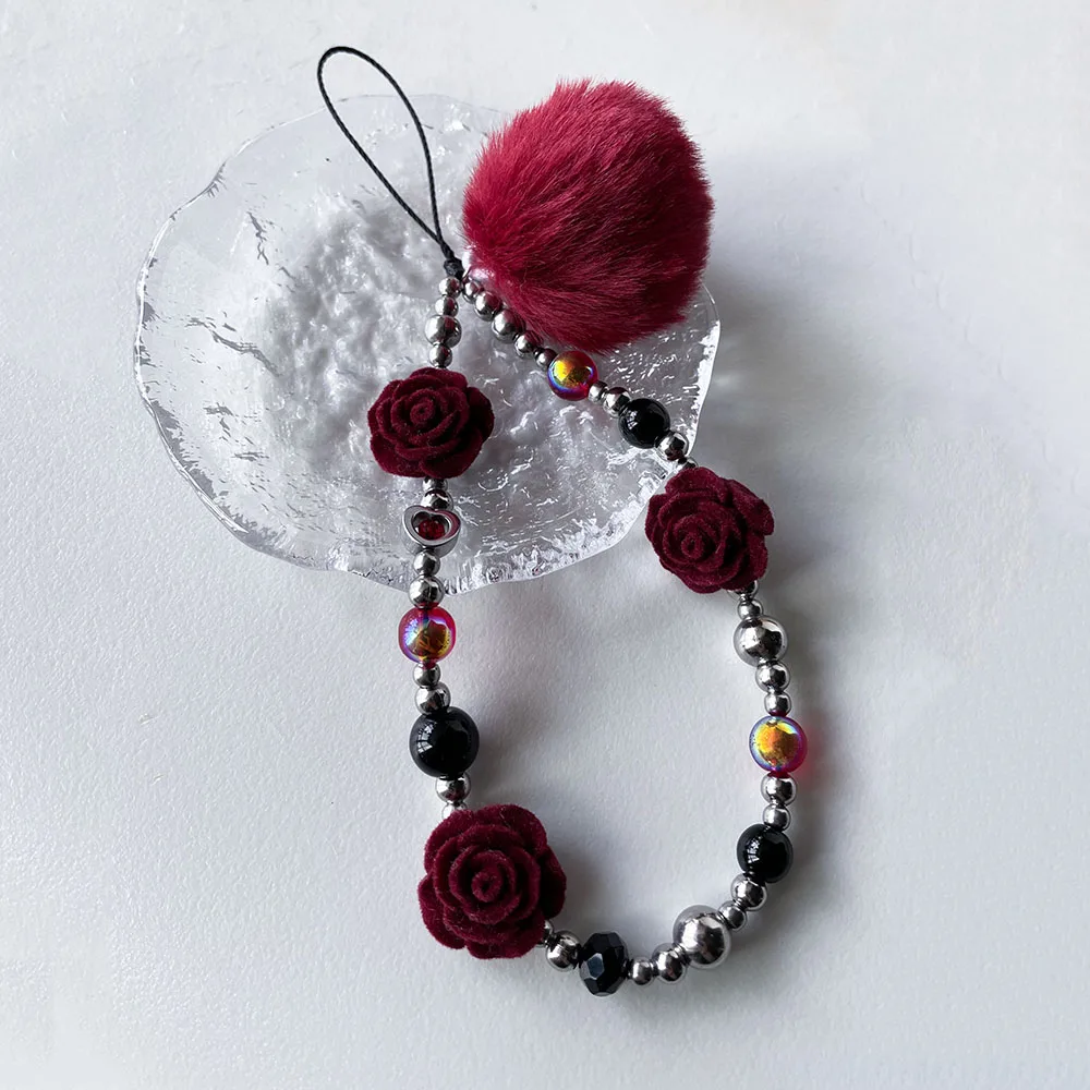 Wine Red Rose Flower Phone Charm Fur Ball Stainless Steel Beads Cellphone Strap Autumn Winter Wallet Camera Bag Decor Jewelry