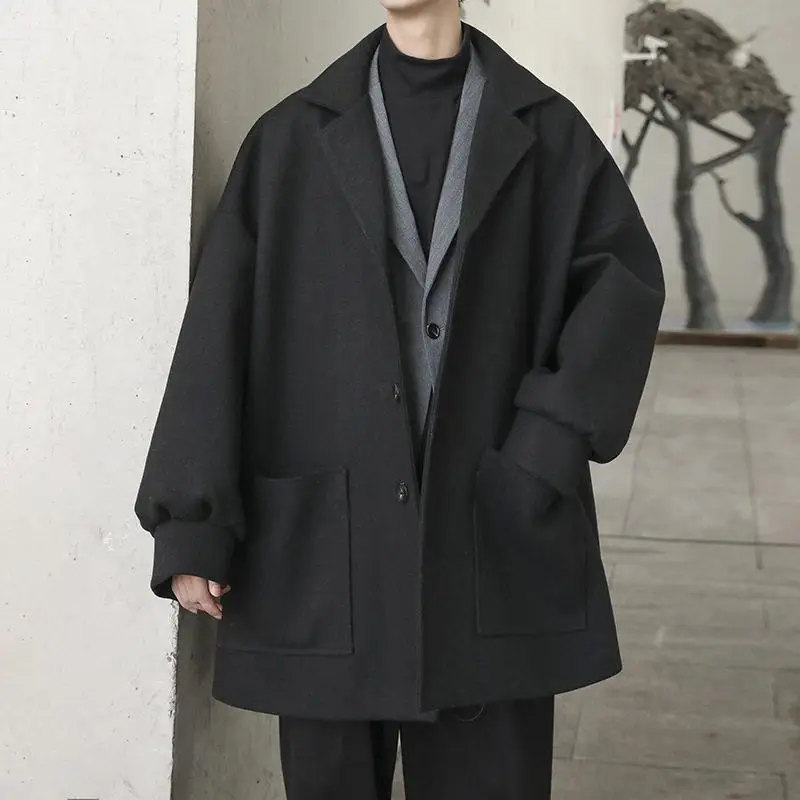 

Casual Woolen Short Coat Autumn Winter Korean Style Cool Brand Loose Couple Outerwear Youthful Energy Pure Color Single Button