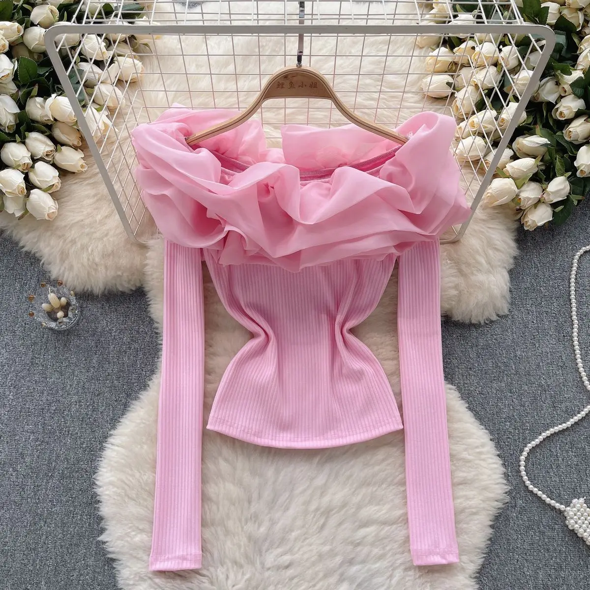 

2024 New Fall Winter Short Knitted T-Shirt Sexy Off Collar Ruffles Three-dimensional Flower Women Crop Top Long Sleeve Tees