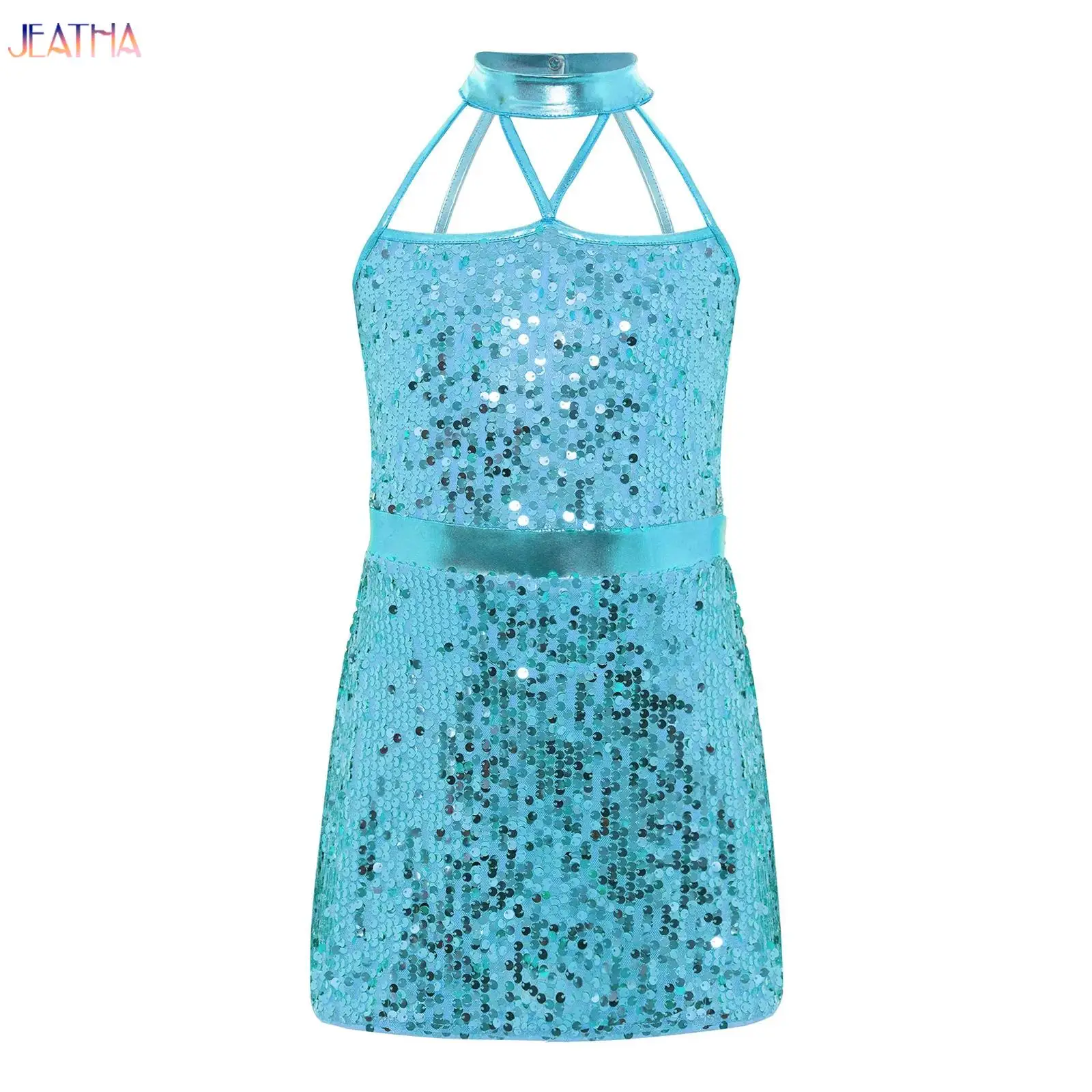 

Girls Shiny Sequins Ballet Shorty Unitard Dress Teen Kids Modern Latin Jazz Dance Costumes Performance Competition Dresses