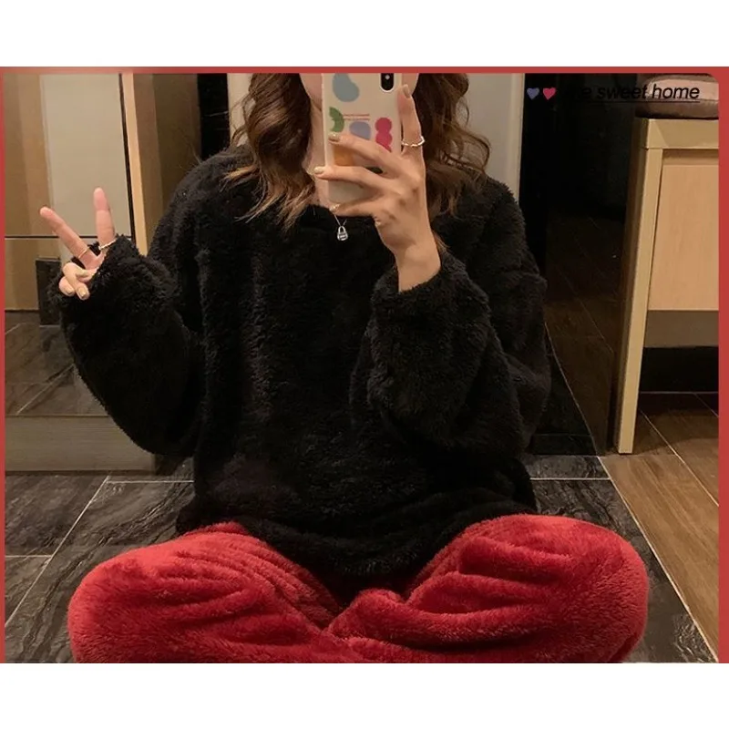 Simple Solid Color Plush Student Long Home Suit Set Can Be Worn Outside Autumn Winter Sleepwear Female Coral Velvet Thickened