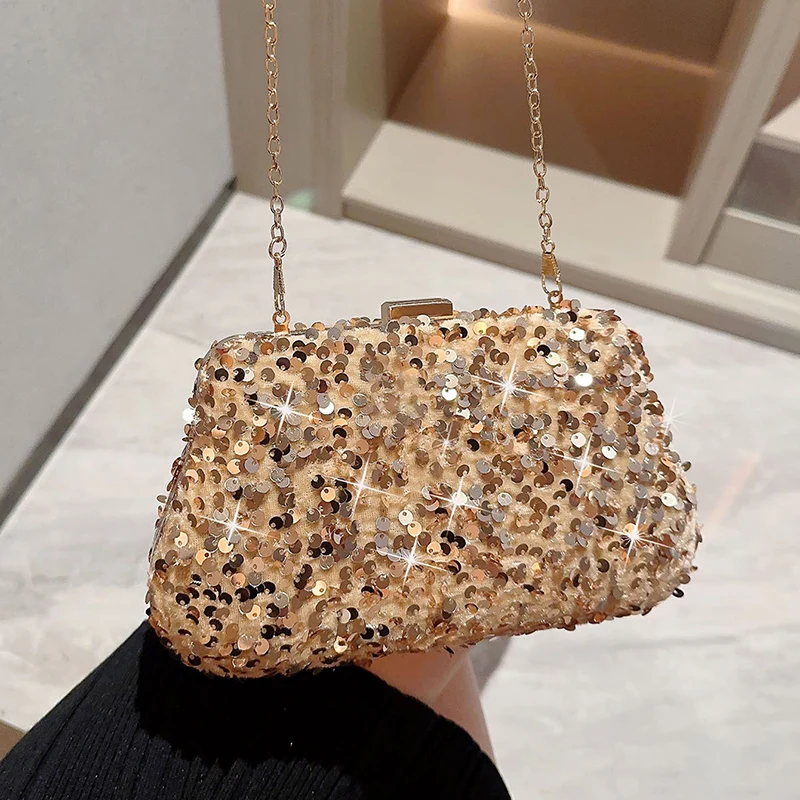 New Vintage Gold Glitter Sequined Clutch Bags for Women Ladies Single Shoulder Handbag for Formal Evening Party Evening XA41ZD