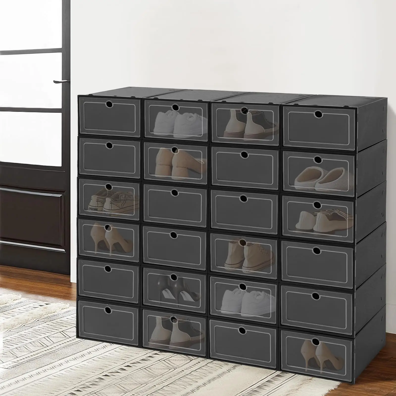 กล่องเก็บรองเท้า Eapmic 24 แพ็ค, ที่เก็บรองเท้าแบบวางซ้อนกันได้สําหรับตู้เสื้อผ้า, จอแสดงผลรองเท้าผ้าใบ, กล่องรองเท้าพลาสติกประหยัดพื้นที่, Sh ทนทาน