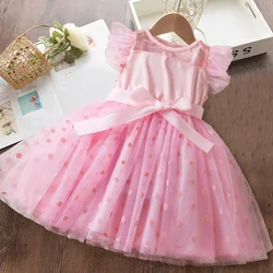 2024 New Summer Children Girls Party Dress for Kids Short sleeve Solid Child Clothes Flower Girl Birthday Princess Dress 2-6Y