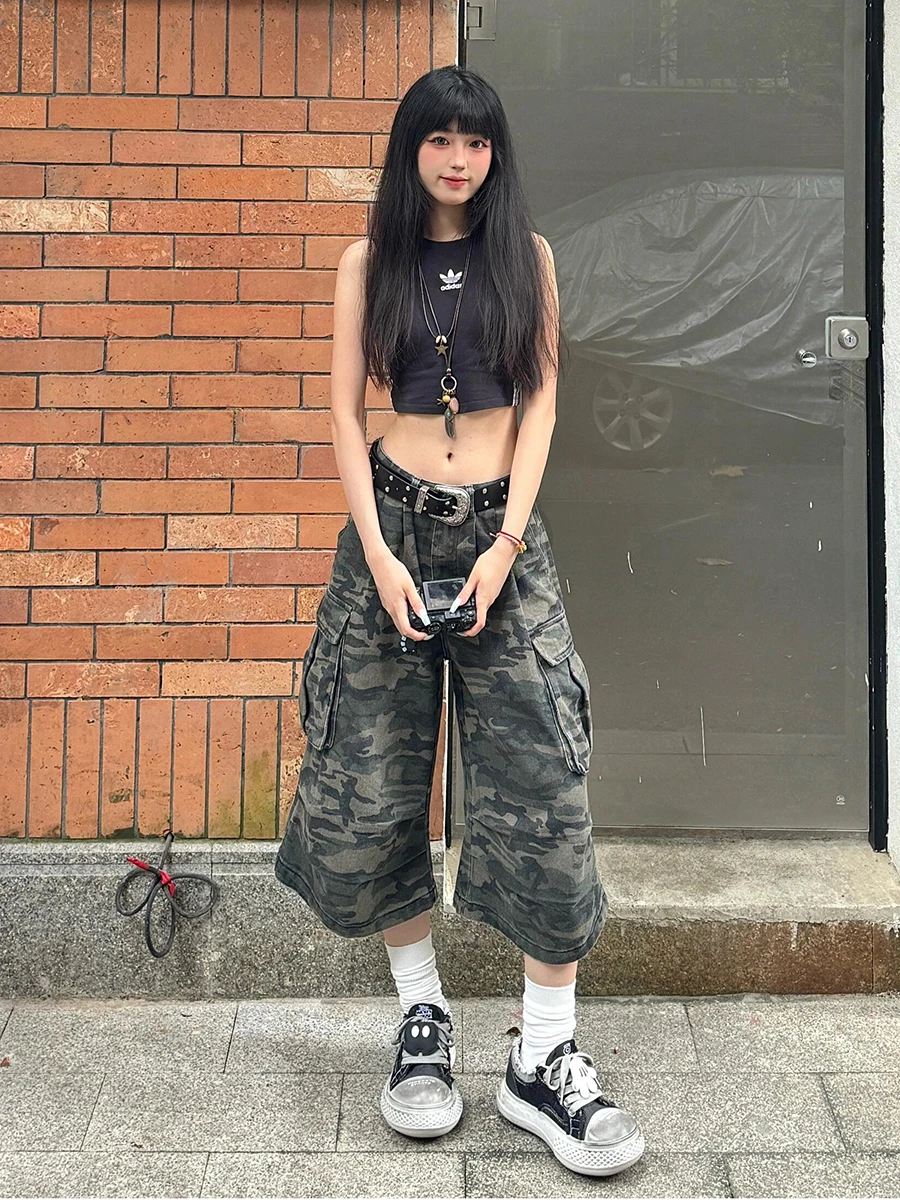 REDDACHiC Cargo Pockets Camouflage Baggy Jorts Women Pleated Pintuck Loose Casual High Rise Denim Shorts Harajuku Retro Clothes