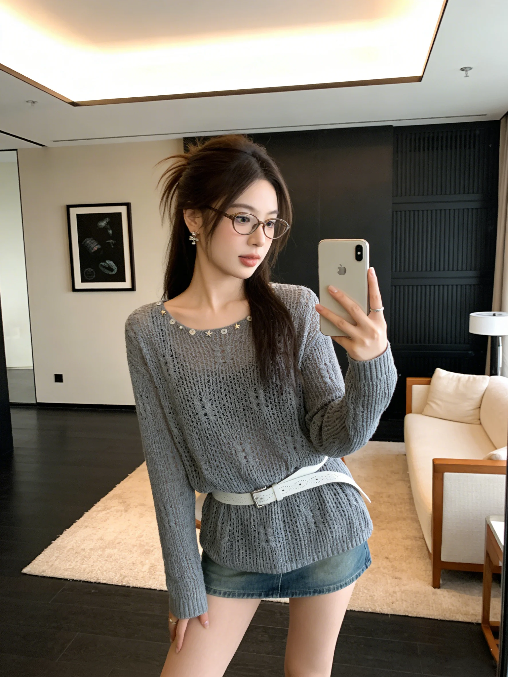 

Light ey Knitted Top Hollow out Layering Design Sun Protection Slimming Sle Korean Faion Regular Fit Long Sve Women'...
