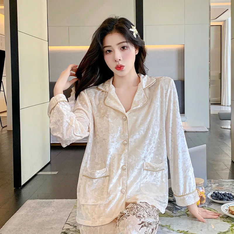 Gold Diamond Velvet Pajamas Women's Spring and Autumn High-grade Velvet Set Women's Apricot Long Sleeve Ink Painting Home Wear