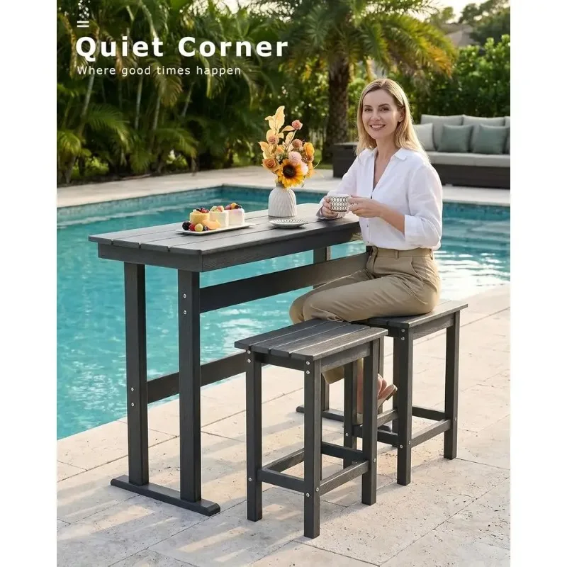 3-Piece HDPE Outdoor Bar Height Set: High Patio Table & Chairs for Balcony, Backyard, or Poolside (Grey)