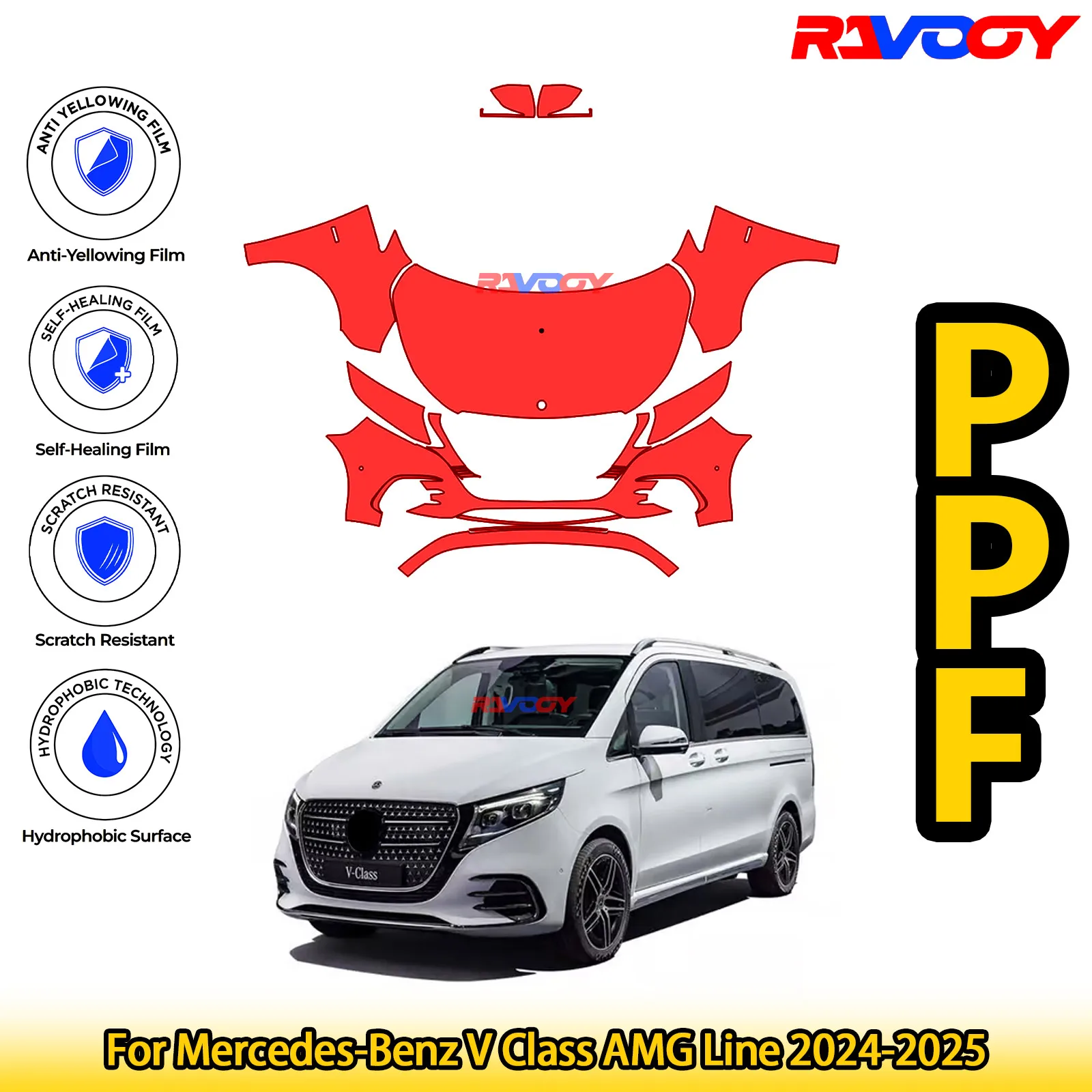 

For Mercedes-Benz V Class AMG Line 2024-2025 Glossy Matte Black Precut front PPF Kit Paint Protection Film