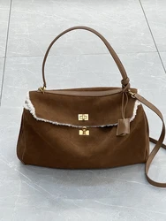 2025 New Luxury Brand Genuine Leather Women Bags Redeo Cow Suede Handbag Women Fashion Gold Buckle Lday Shoulder Bags With Plush