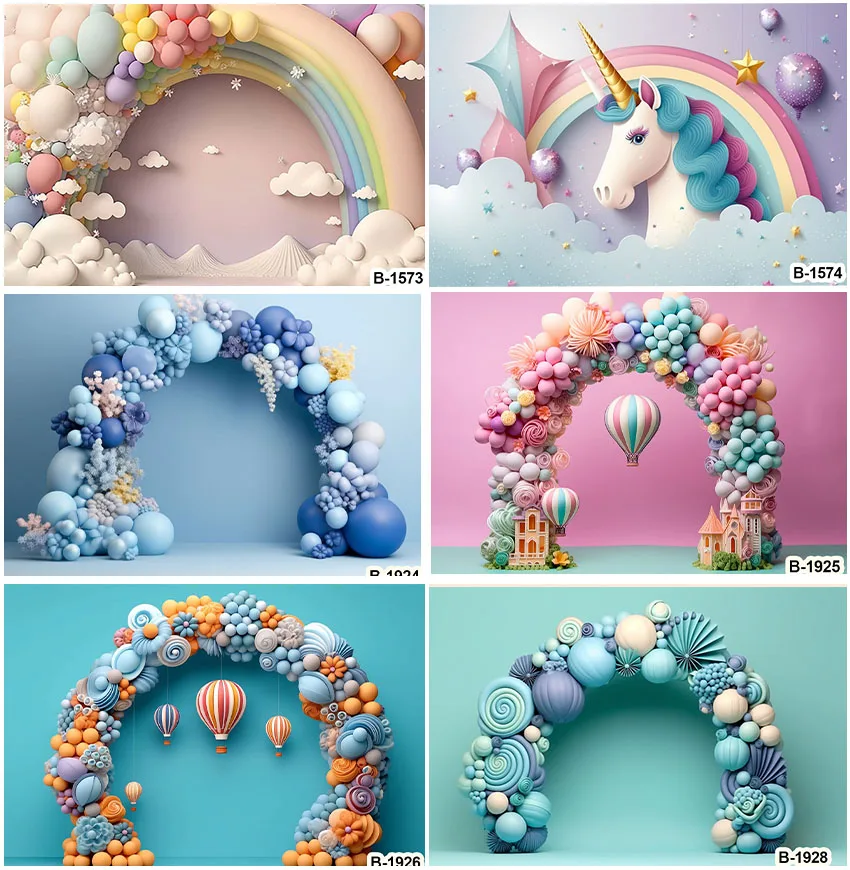 

Balloons Arched Shape Kids Portrait Backgrounds Unicorn Birthday Rainbow Cloud Wall Decor Wedding Colorful Cake Smash Backdrops