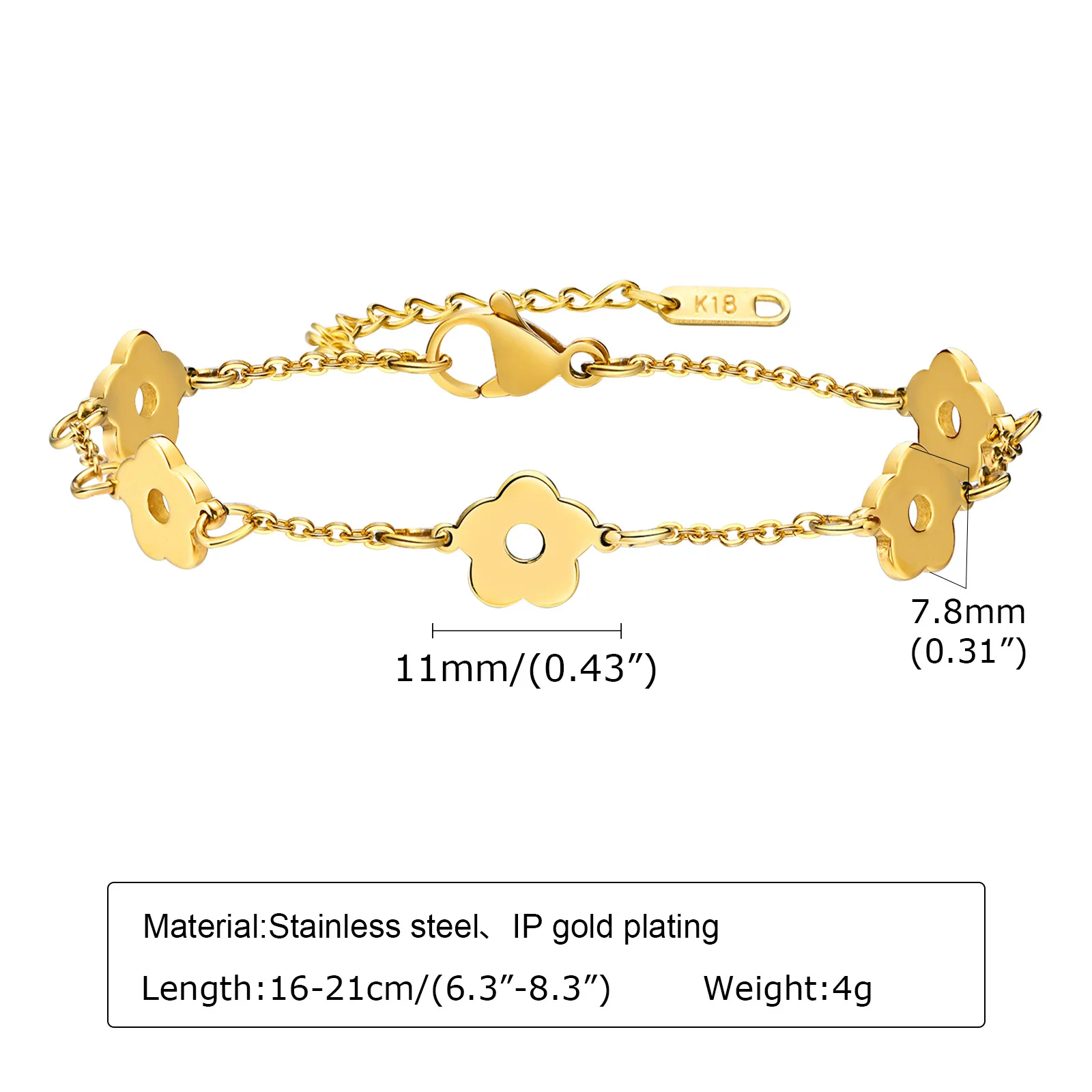 Chic Trendy Flower Charm Bracelets for Women Girls, Gold Plated Stainless Steel Metal Adjustable Bracelet Wristband Gift To Her