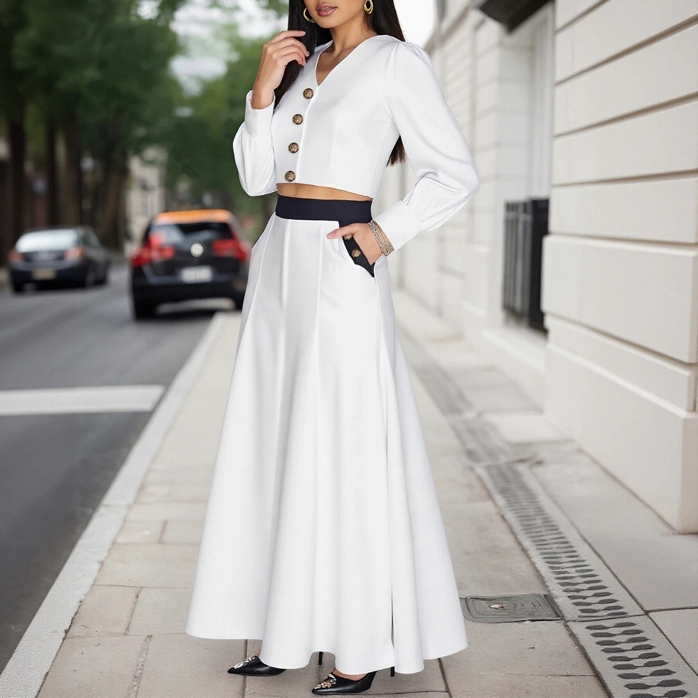 Elegantes Maxirock-Set für Damen, langärmelig, V-Ausschnitt, A-Linie, schickes, schlichtes Pendel-Outfit, geknöpft, Herbst und Winter