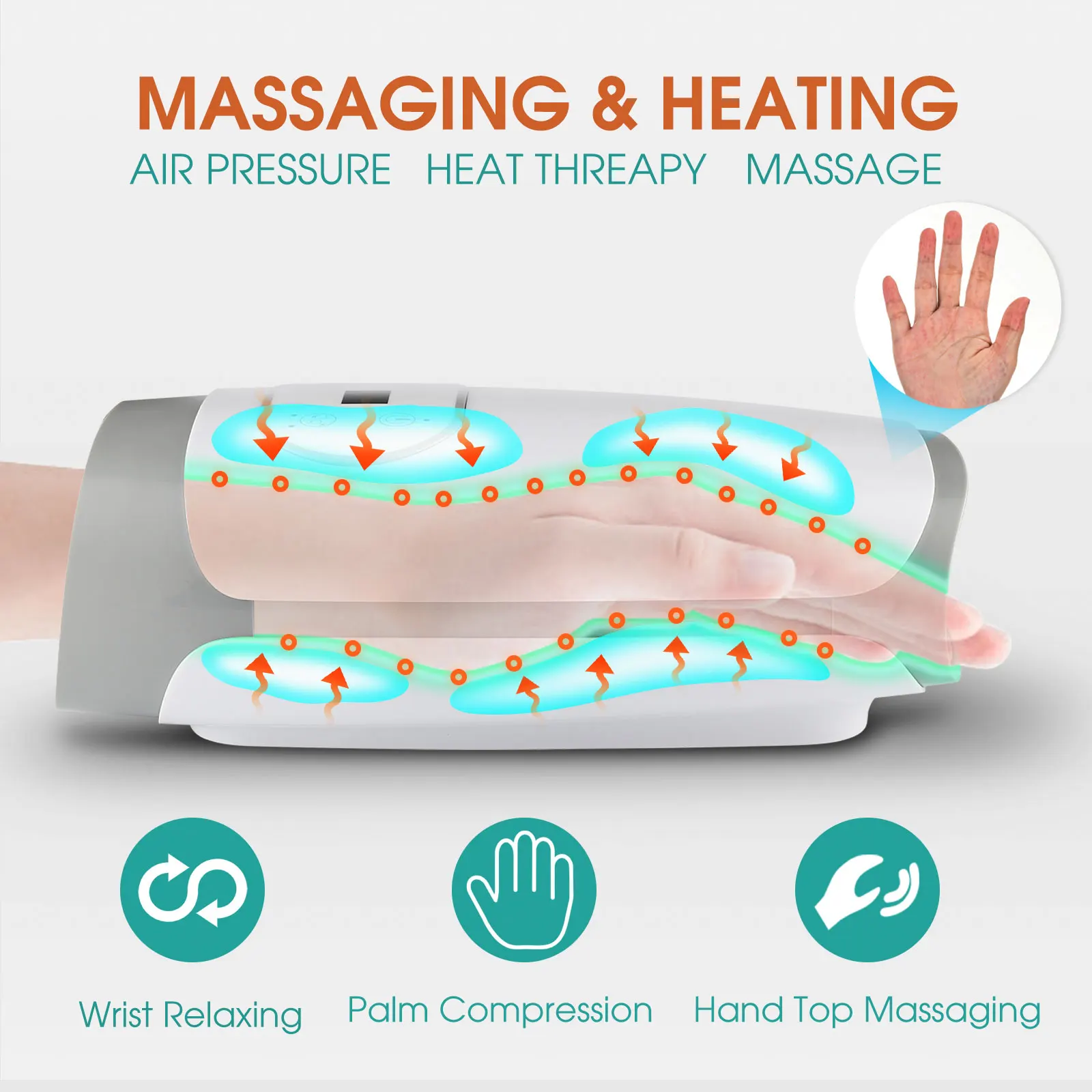 Acupoint artrite aquecida mão massageador, fisioterapia ar compressão massagem, palma massageador, dedo, pulso spa, relaxar alívio da dor