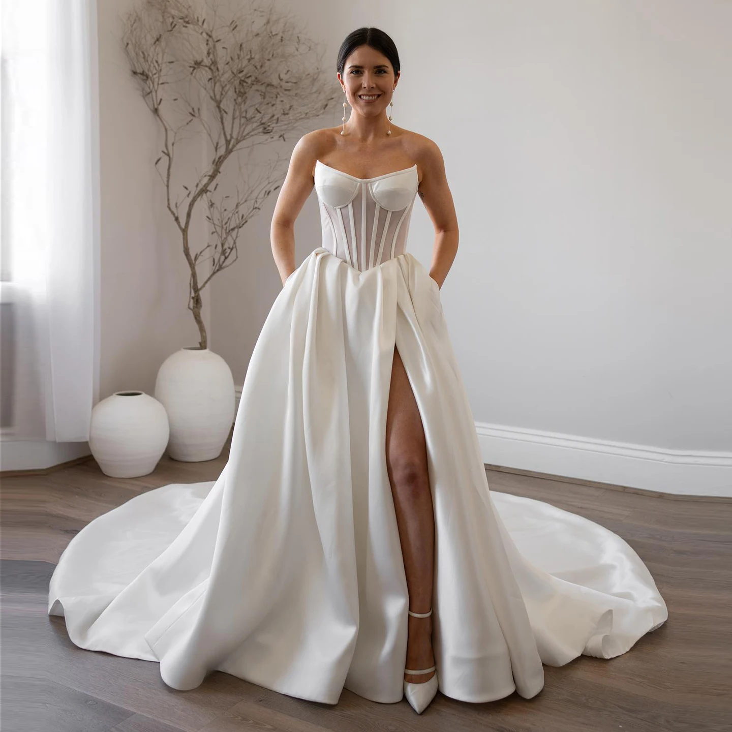 

Sharon Said Simple Sexy High Split A-line Off White Wedding Dress 2025 Sweetheart Court Train Satin Bride Gowns SW071 Customized