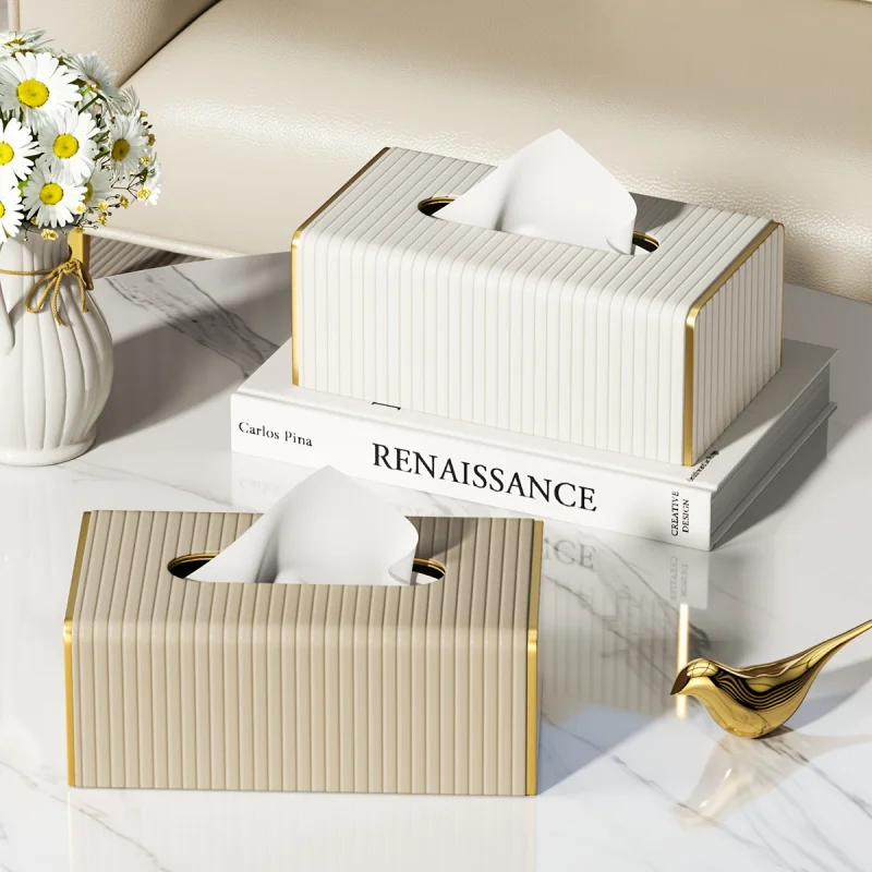 

1 Piece Scandinavian Style Faux Leather Tissue Box - Gold Stripe Rectangle Design for Living Room, Dining Room or Bathroom