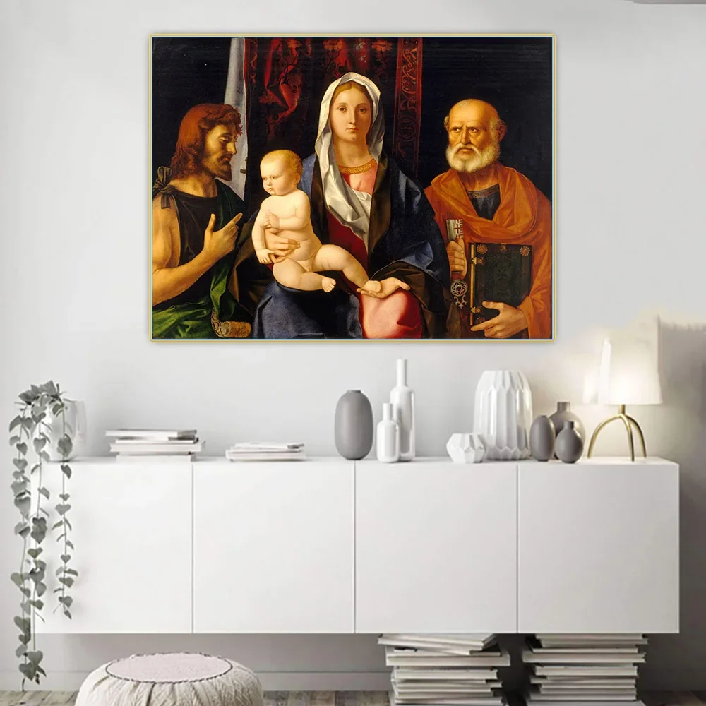 Citon Giovanni Bellini 《Madona y niño con saint john el bautista y el saint peter》 lienzo arte pintura al óleo decoración del hogar
