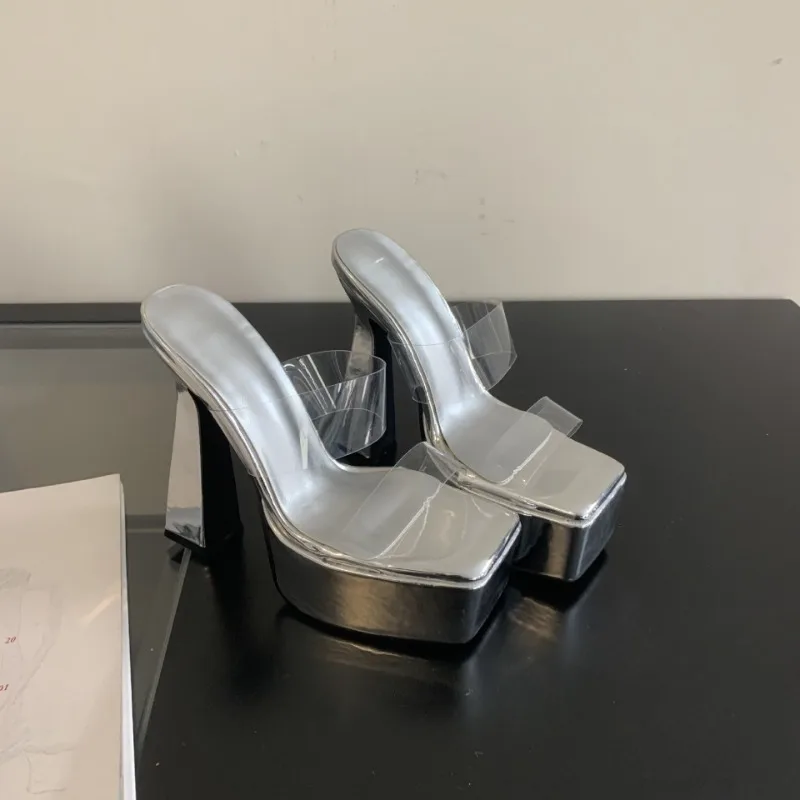 

Super High-heel Women PVC Transparent Platform Slippers Designer Square Toe High Heels Slippers Nightclub High Heel Women Slides
