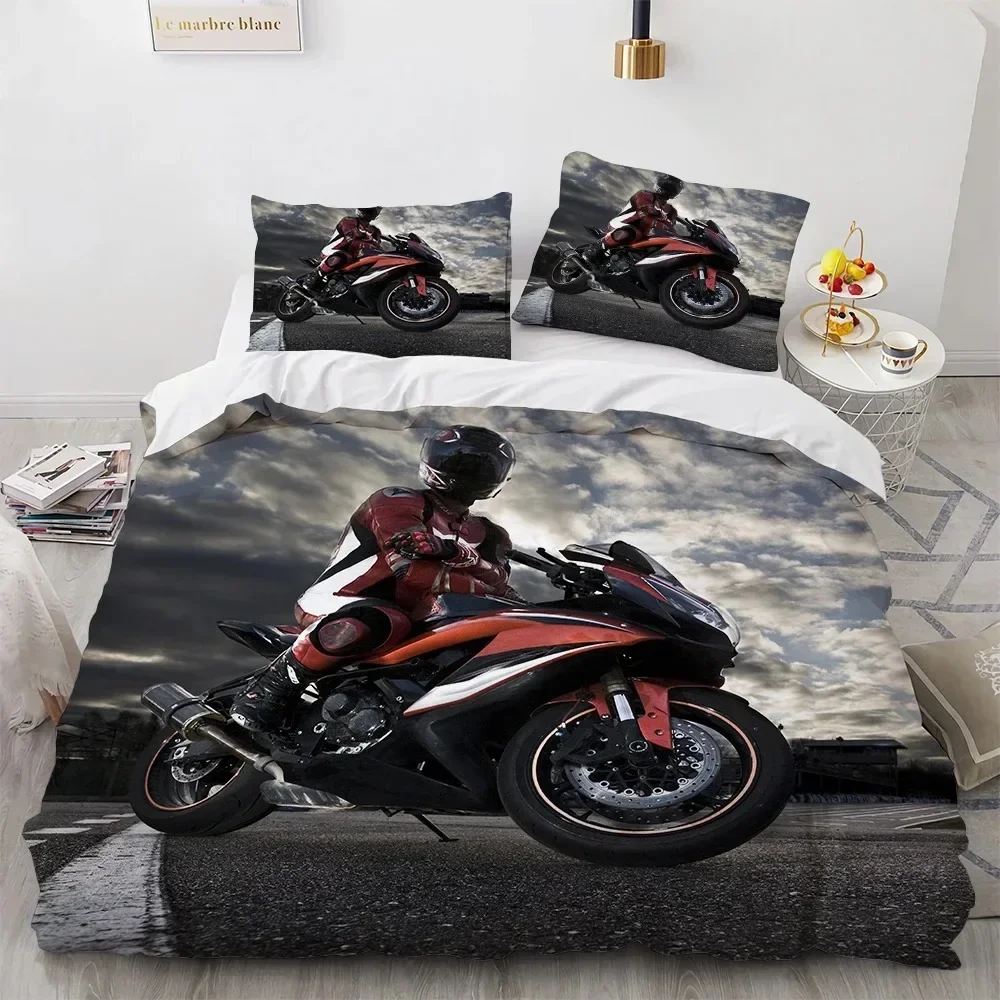 Motorcycle Rider King Queen Duvet Cover 3D Motocross Extreme Sport Bedding Set for Teens Adults Man Youth Dirt Bike Quilt Cover